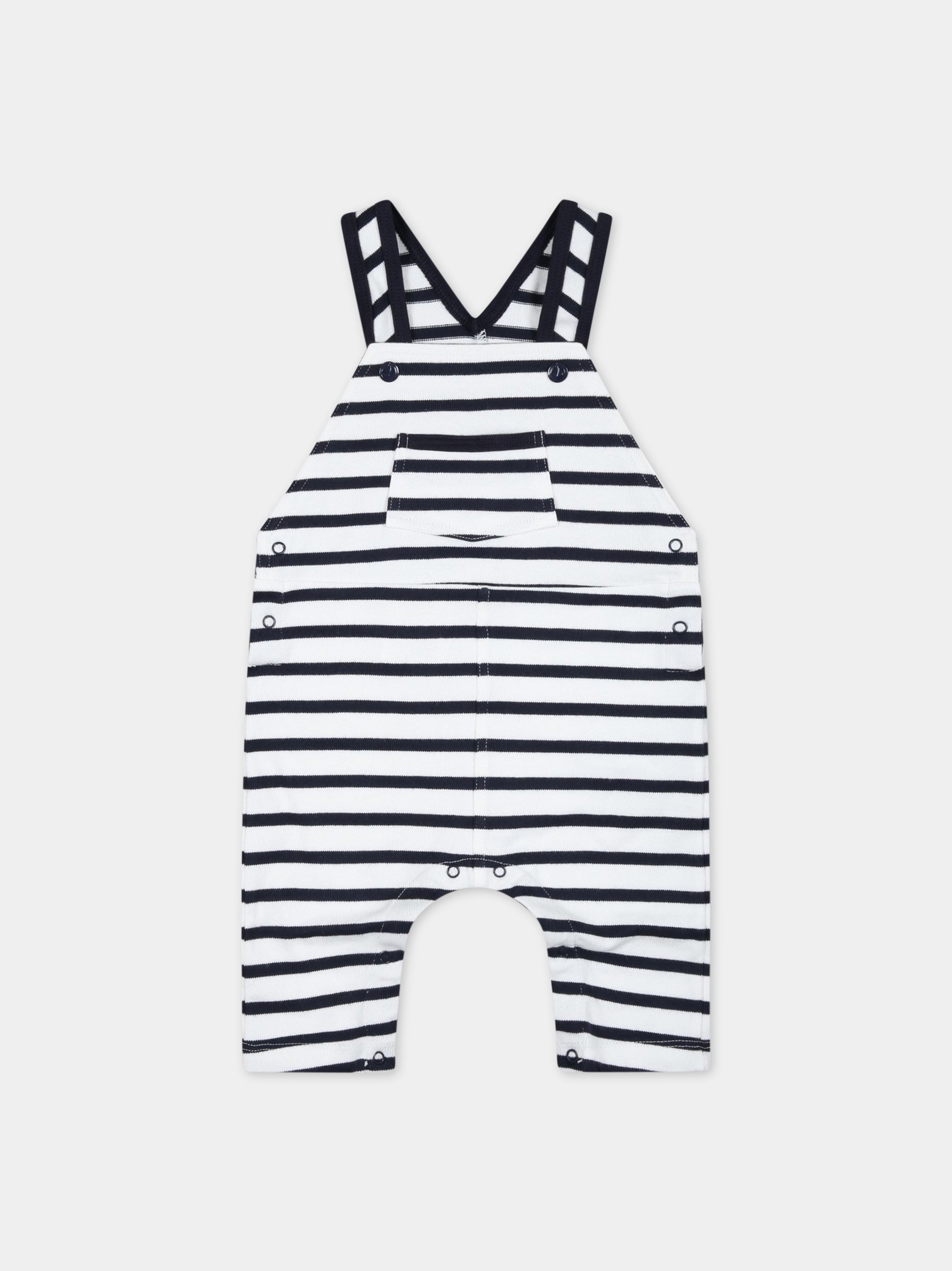 Salopette bianca con righe blu per neonato,Petit Bateau,A07Q1 MARSHMALLOW/SMOKING