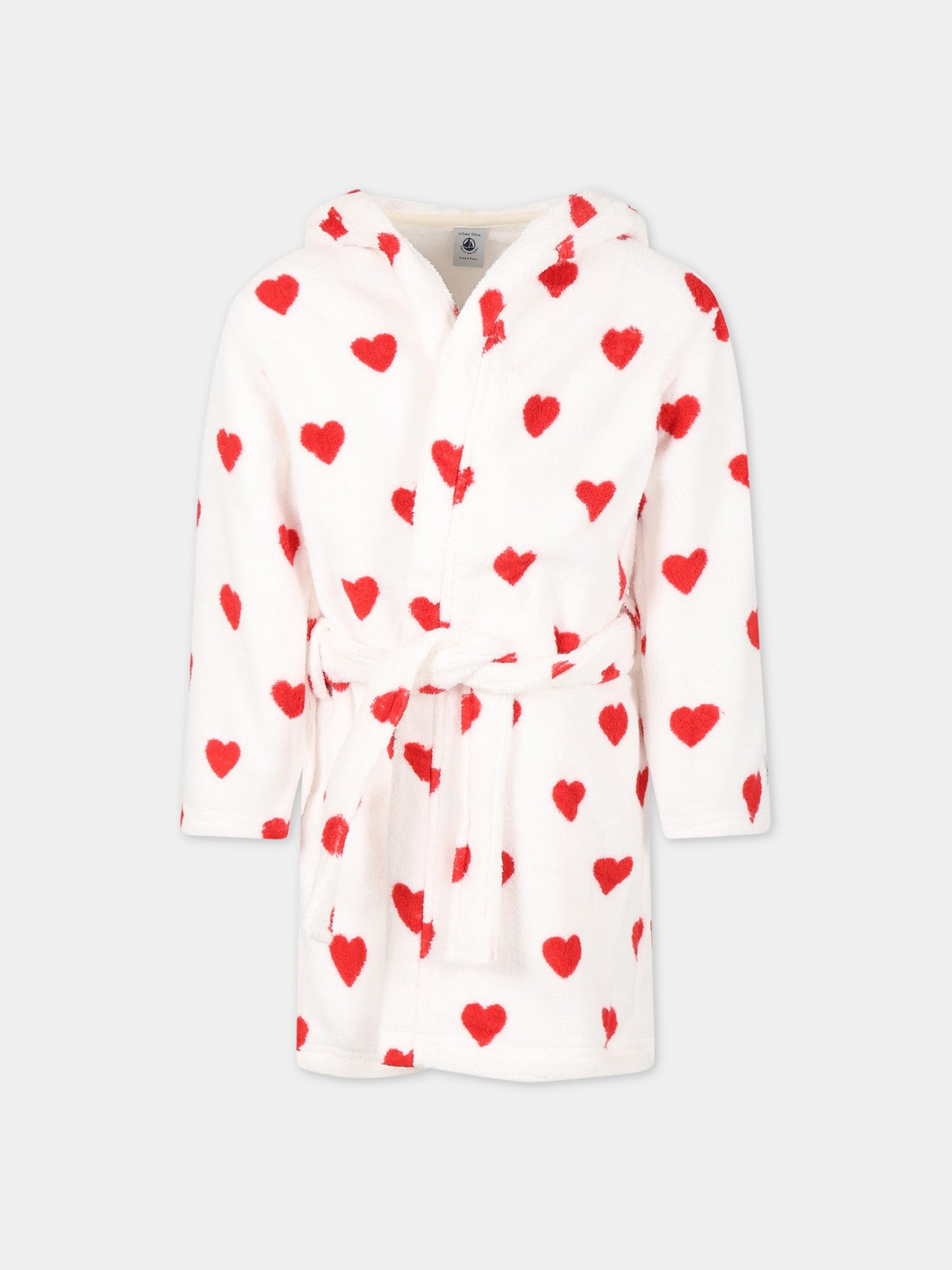 Accappatoio bianco per bambina con cuori e logo,Petit Bateau,A05AR MARSHMALLOW/TERKUIT