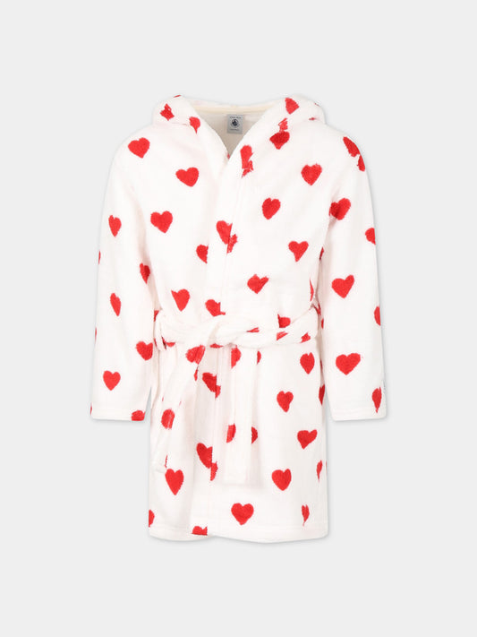 Accappatoio bianco per bambina con cuori e logo,Petit Bateau,A05AR MARSHMALLOW/TERKUIT