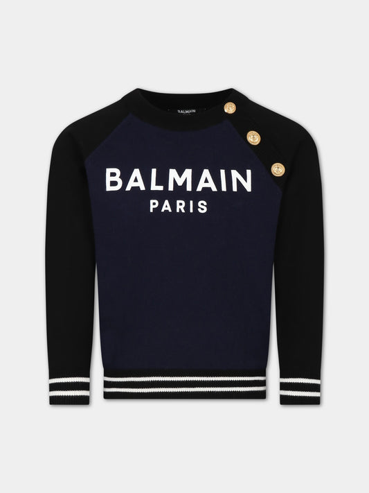 Maglione blu per bambino con logo,Balmain Kids,BS9P60 X0003 620NE