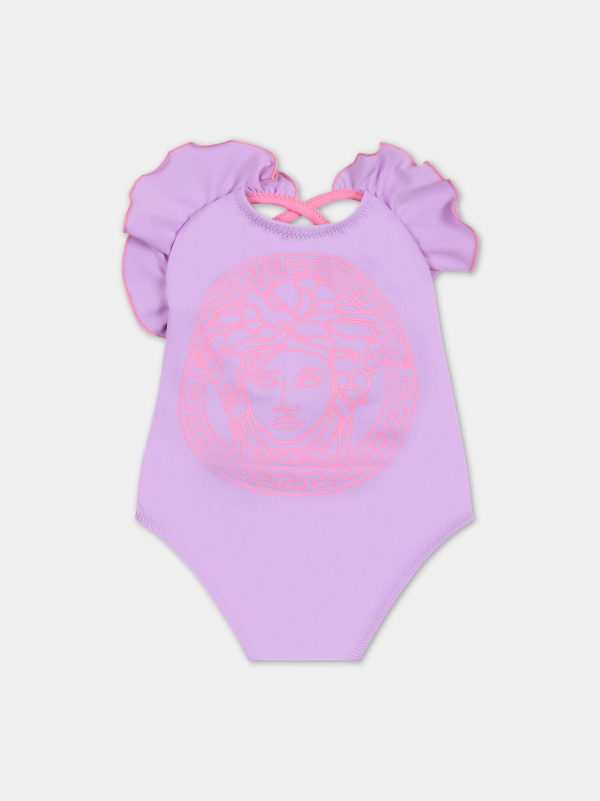 Costume viola da bagno per neonata con rouches e Medusa,Versace,1009577 1A05853 2L750