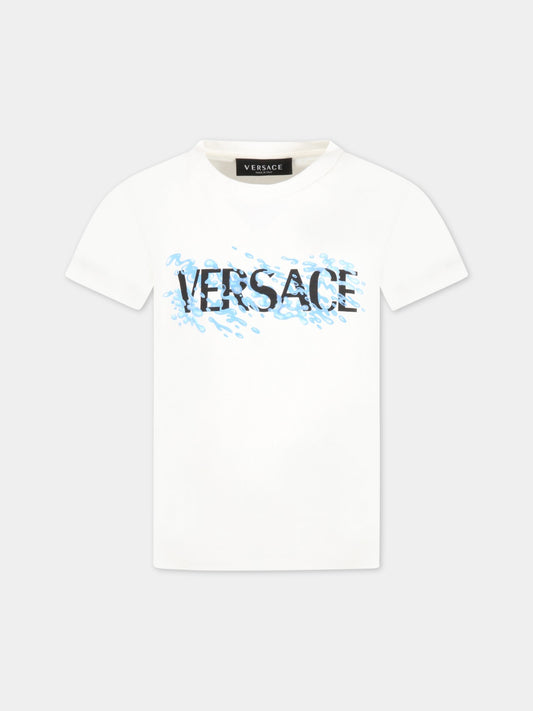 T-shirt bianca per bambino con logo nero,Versace,1000239 1A06516 6W790