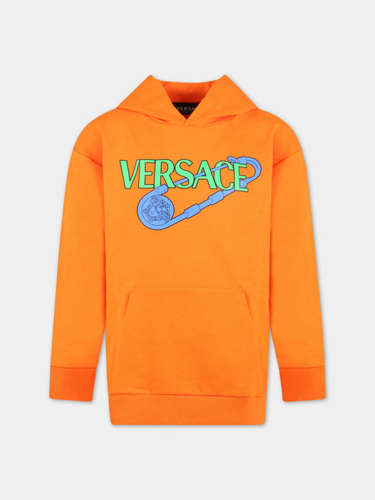 Felpa arancione per bambino con logo e Spilla Safety,Versace,1007359 1A04697 2O410