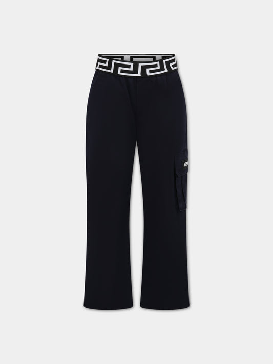 Pantaloni blu per bambino con iconica Greca e logo,Versace,1002266 1A06498 1U180