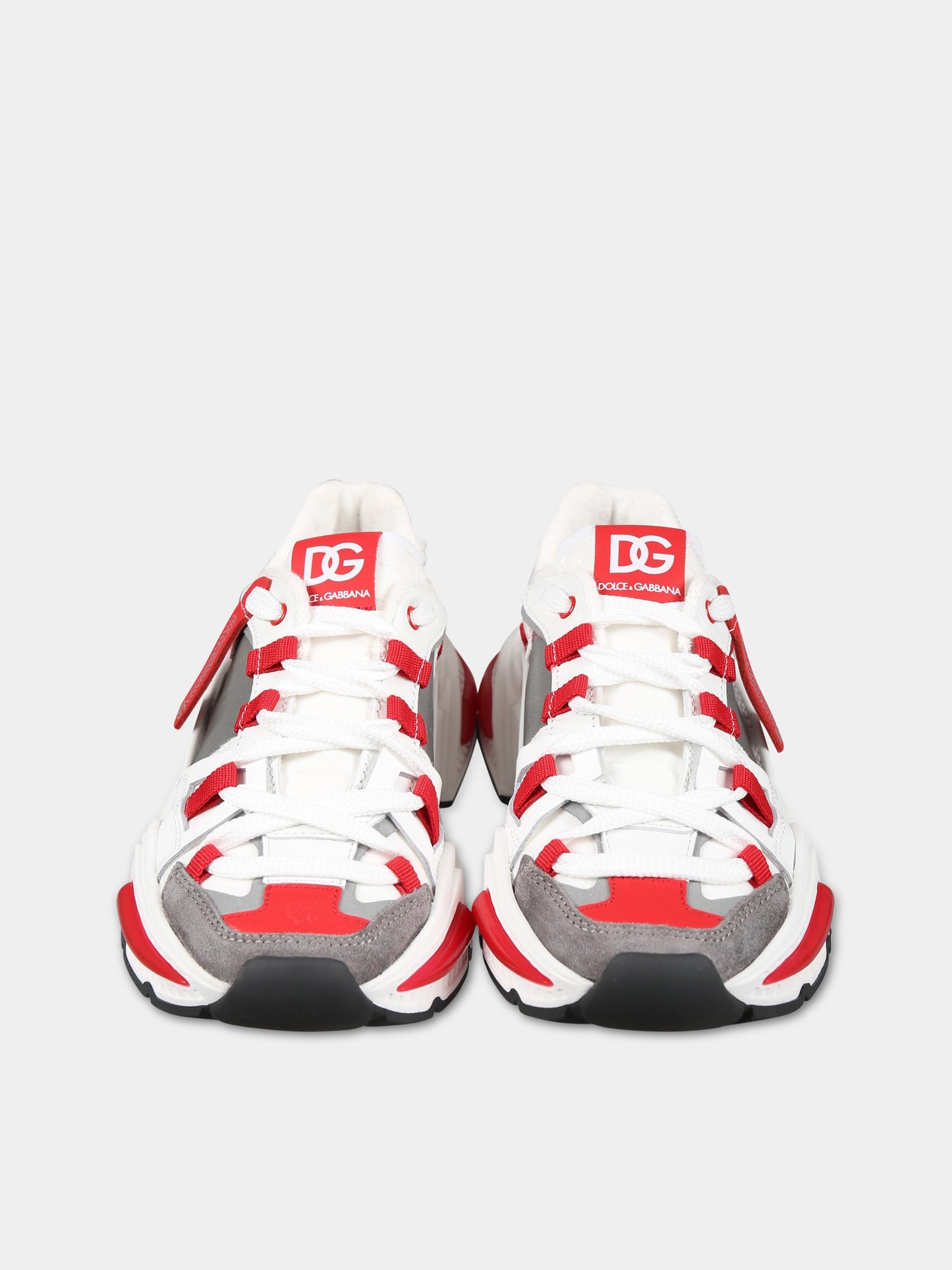 Sneakers bianche per bambino con logo e dettagli rossi,Dolce & Gabbana Kids,DA5118 AY608 8E065