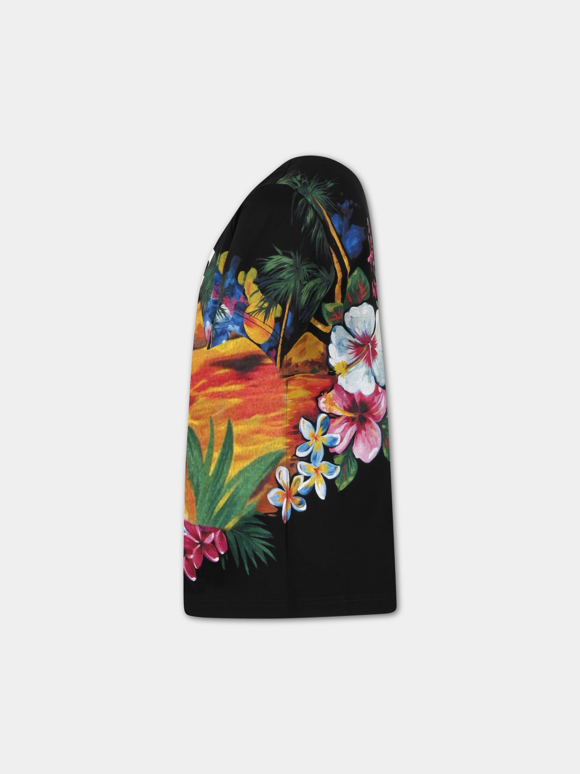 T-shirt nera per bambino con fiori e logo,Dolce & Gabbana Kids,L4JTBL G7H1D N0000