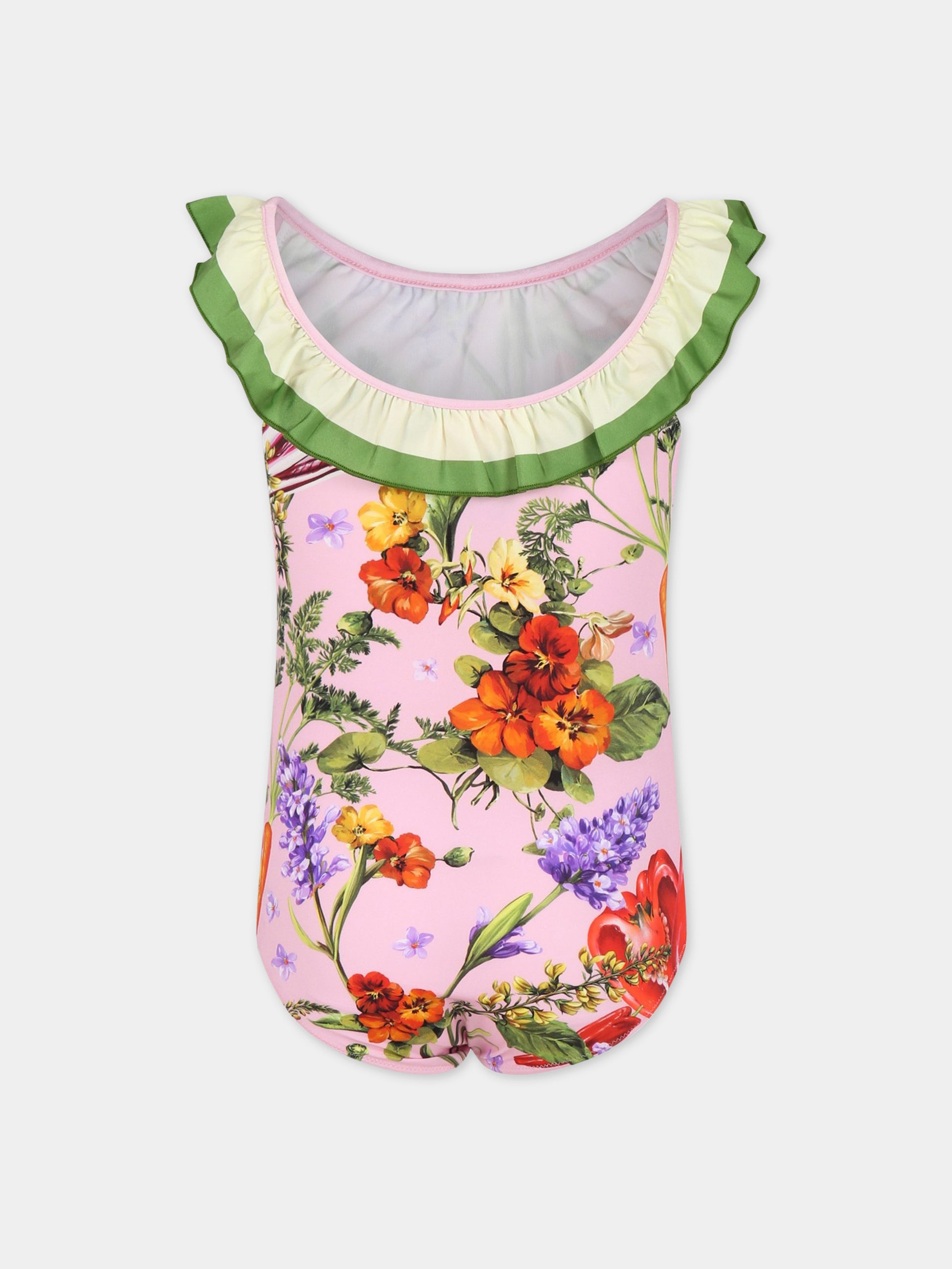 Costume rosa per bambina con iconica stampa e logo,Dolce & Gabbana Kids,L5J835 G7I1Q HF4NK