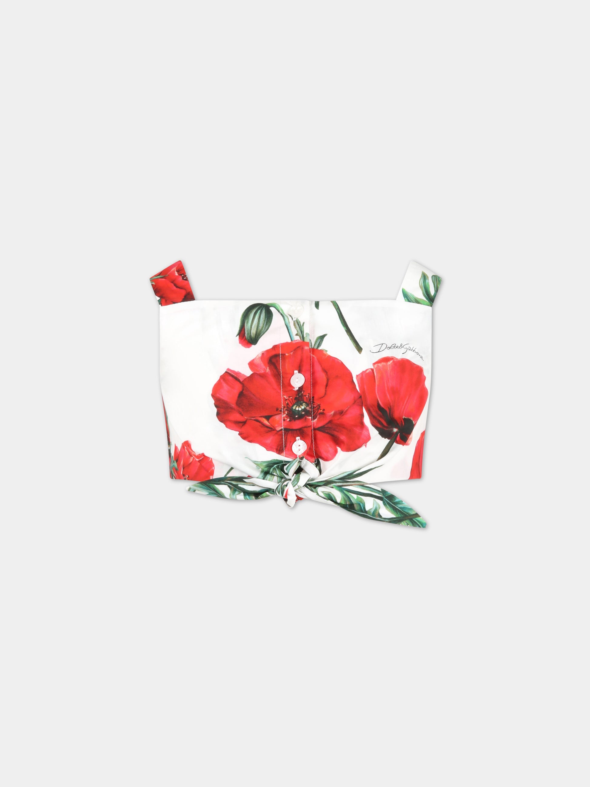 Top bianco per bambina con papaveri e logo,Dolce & Gabbana Kids,L51N57 HS5O1 HA3VN
