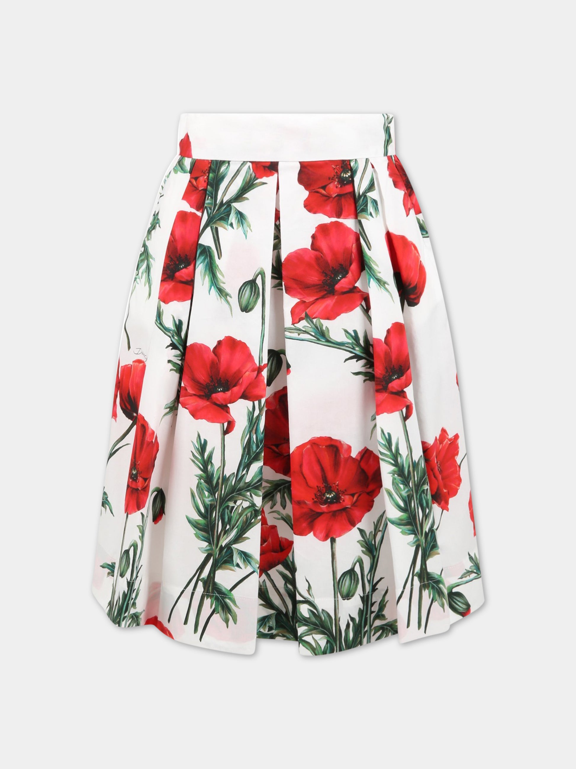 Gonna bianca per bambina con papaveri e logo,Dolce & Gabbana Kids,L54I50 HS5O1 HA3VN