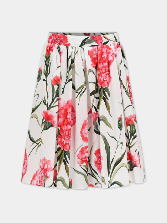 Gonna bianca per bambina con stampa garofani e logo,Dolce & Gabbana Kids,L54I48 HS5O0 HA3VL