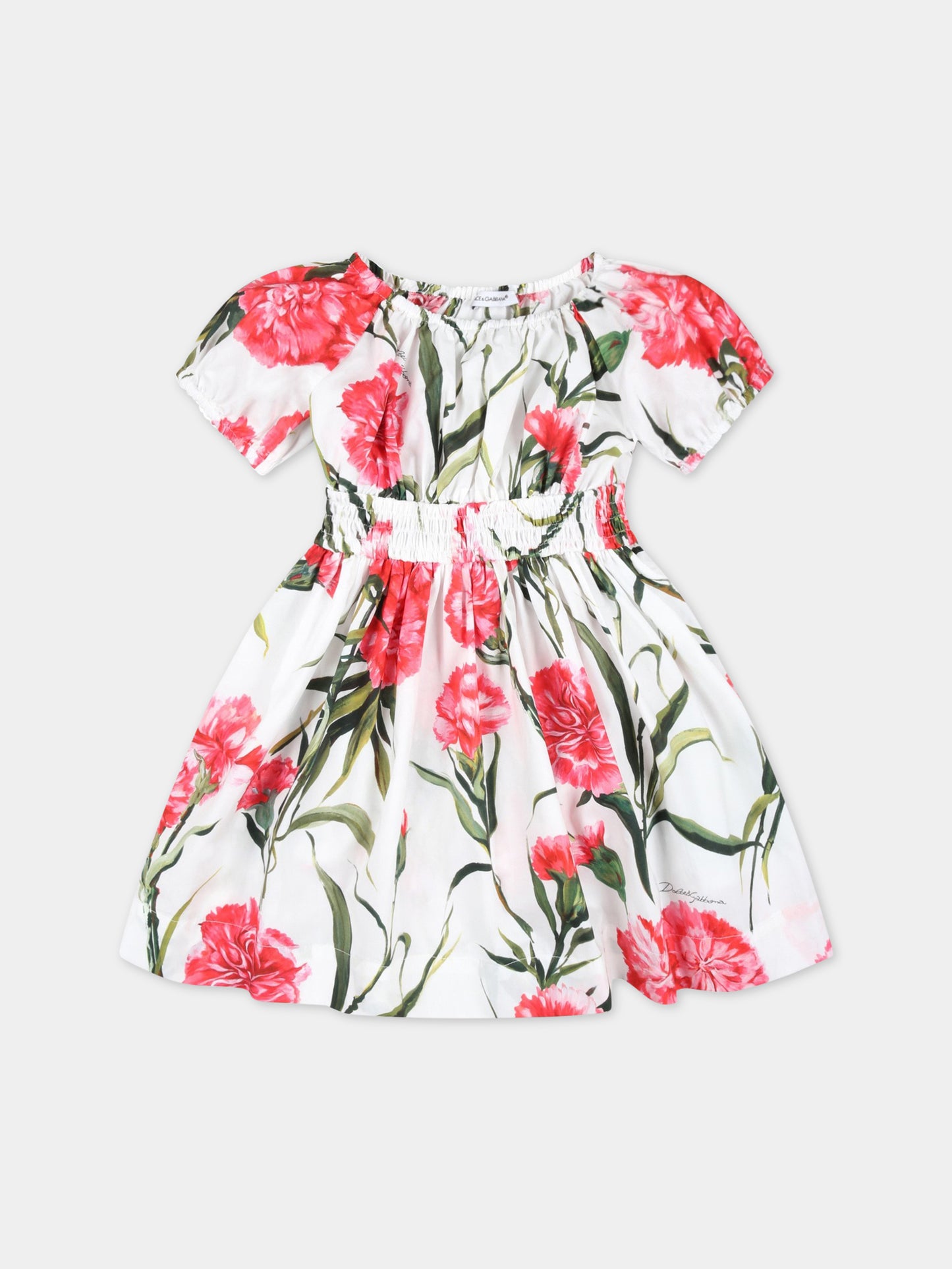 Vestito bianco per neonata con garofani rosa,Dolce & Gabbana Kids,L23DI3 HS5O0 HA3VL