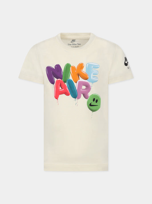 T-shirt avorio per bambino con logo e stampa,Nike,86K947 W3Z