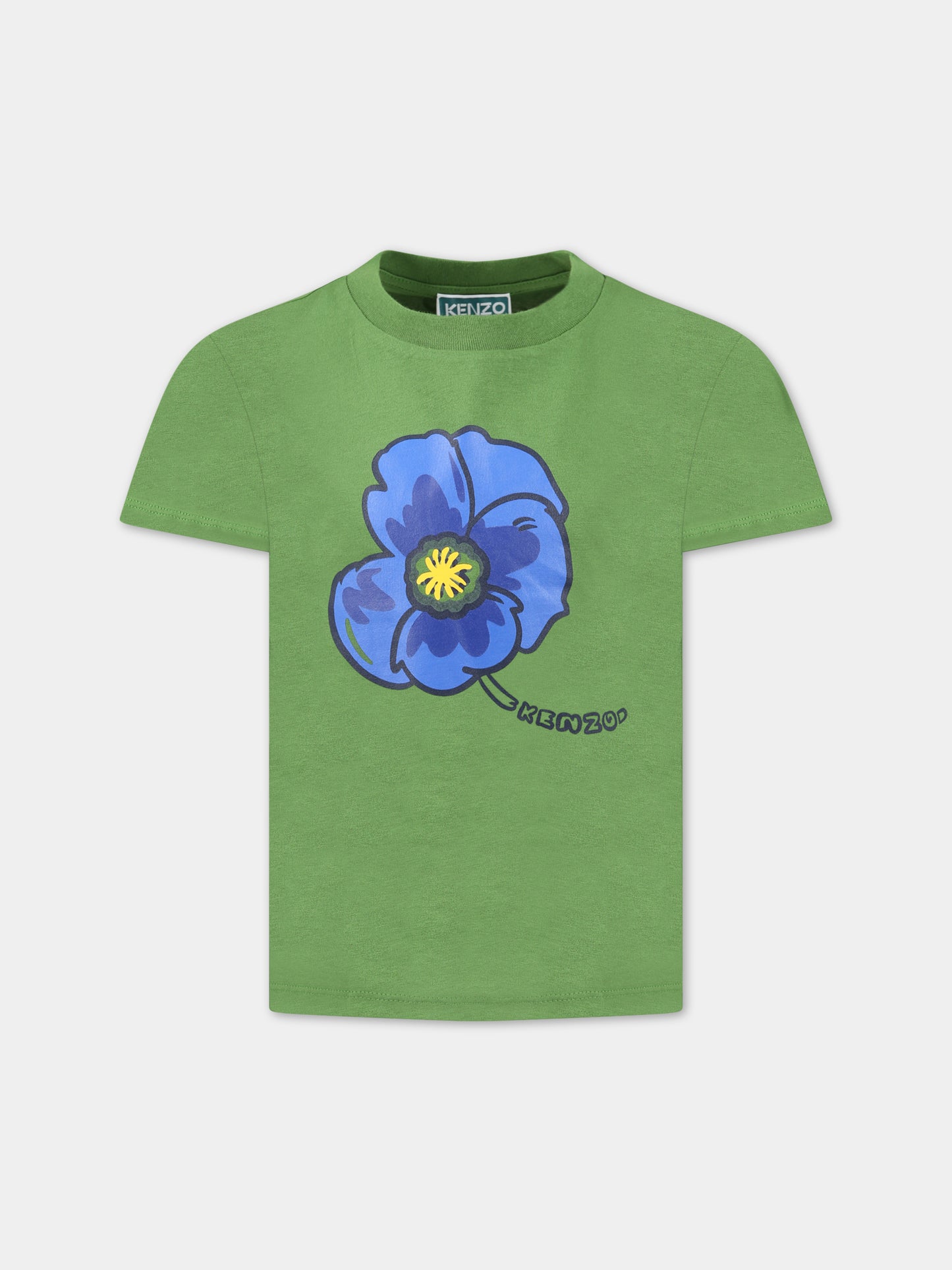 T-shirt verde per bambino con iconico papavero blu e logo,Kenzo Kids,K25809 64M