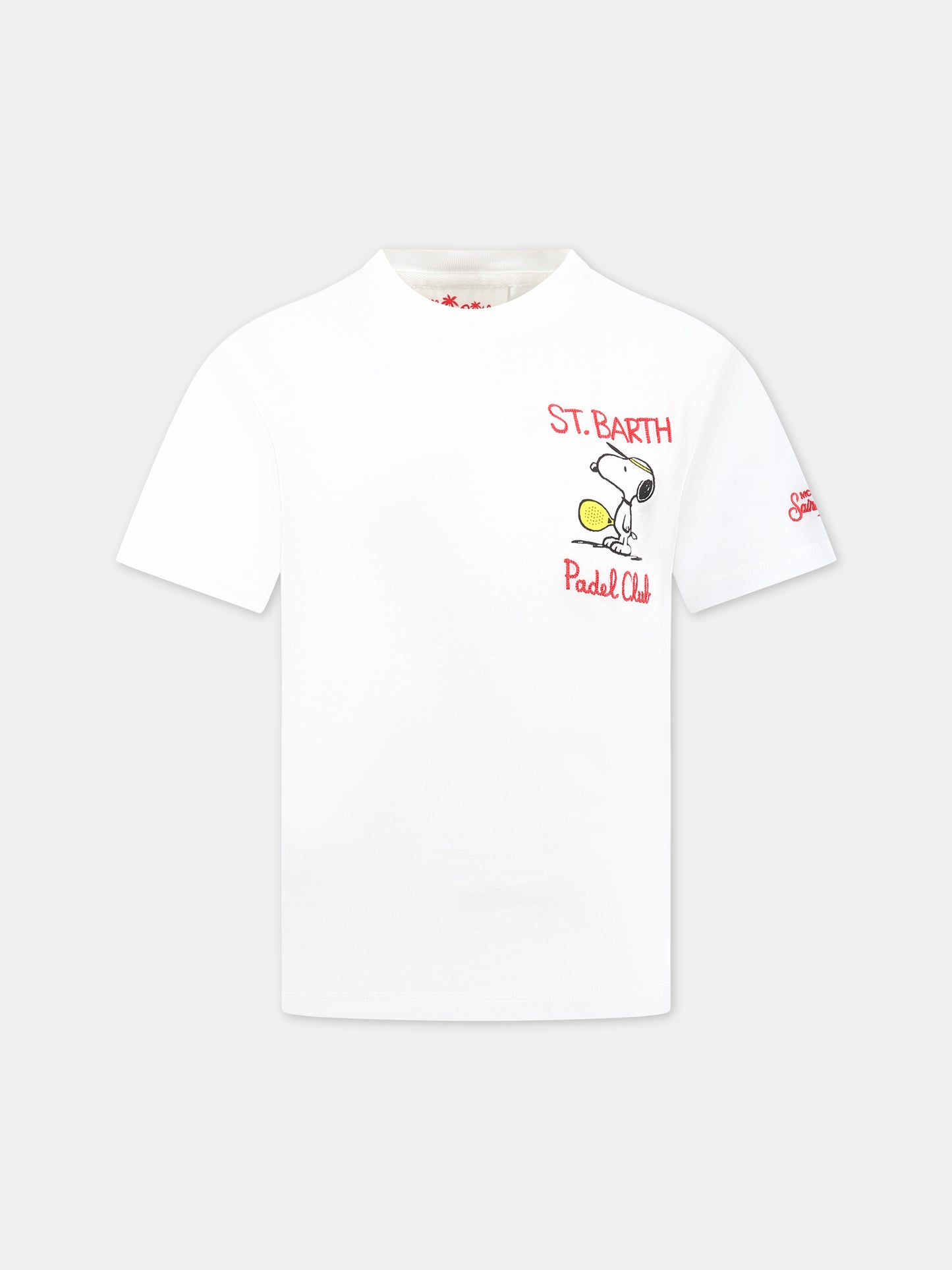 T-shirt bianca per bambino con Snoopy e logo,Mc2 Saint Barth,TSHIRT BOY SNOOPY PADEL 01N EMB
