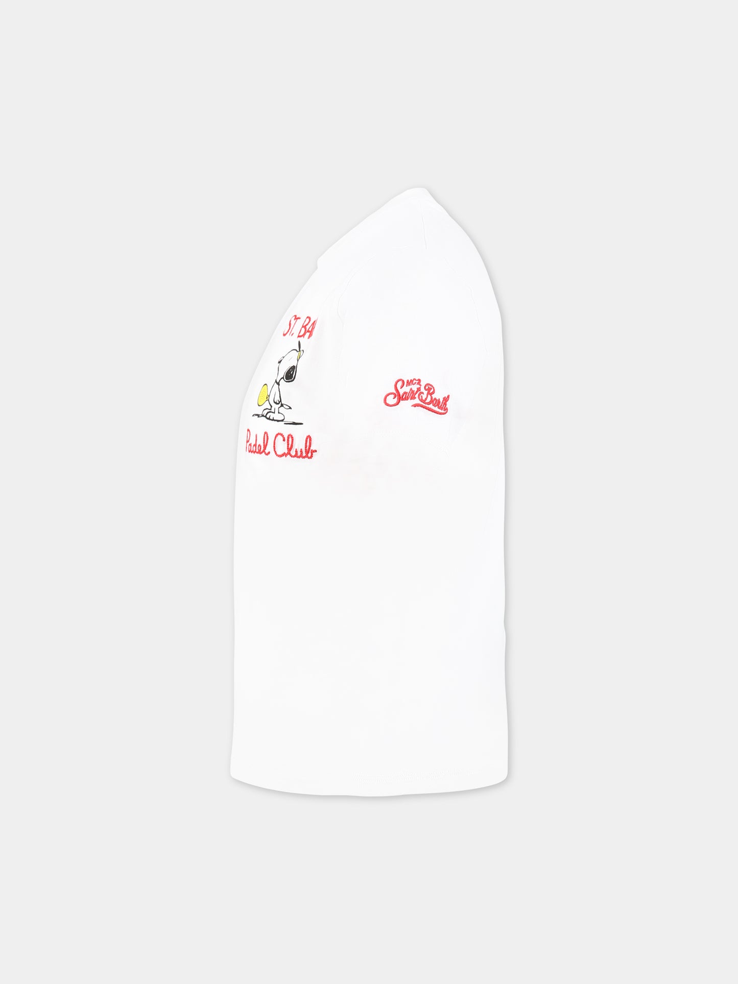 T-shirt bianca per bambino con Snoopy e logo,Mc2 Saint Barth,TSHIRT BOY SNOOPY PADEL 01N EMB