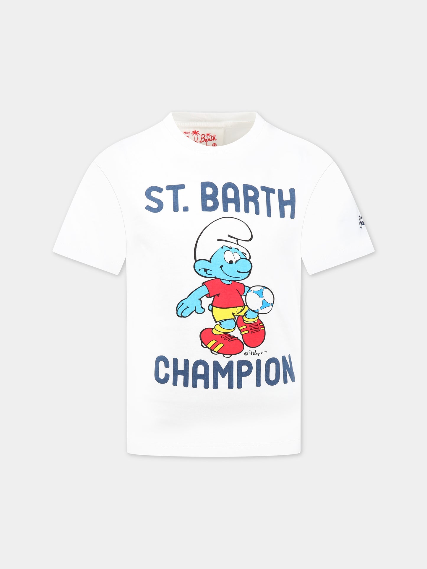 T-shirt bianca per bambino con stampa Puffo, scritta Champion  e logo,Mc2 Saint Barth,TSHIRT BOY SMURF SOCCER 01N