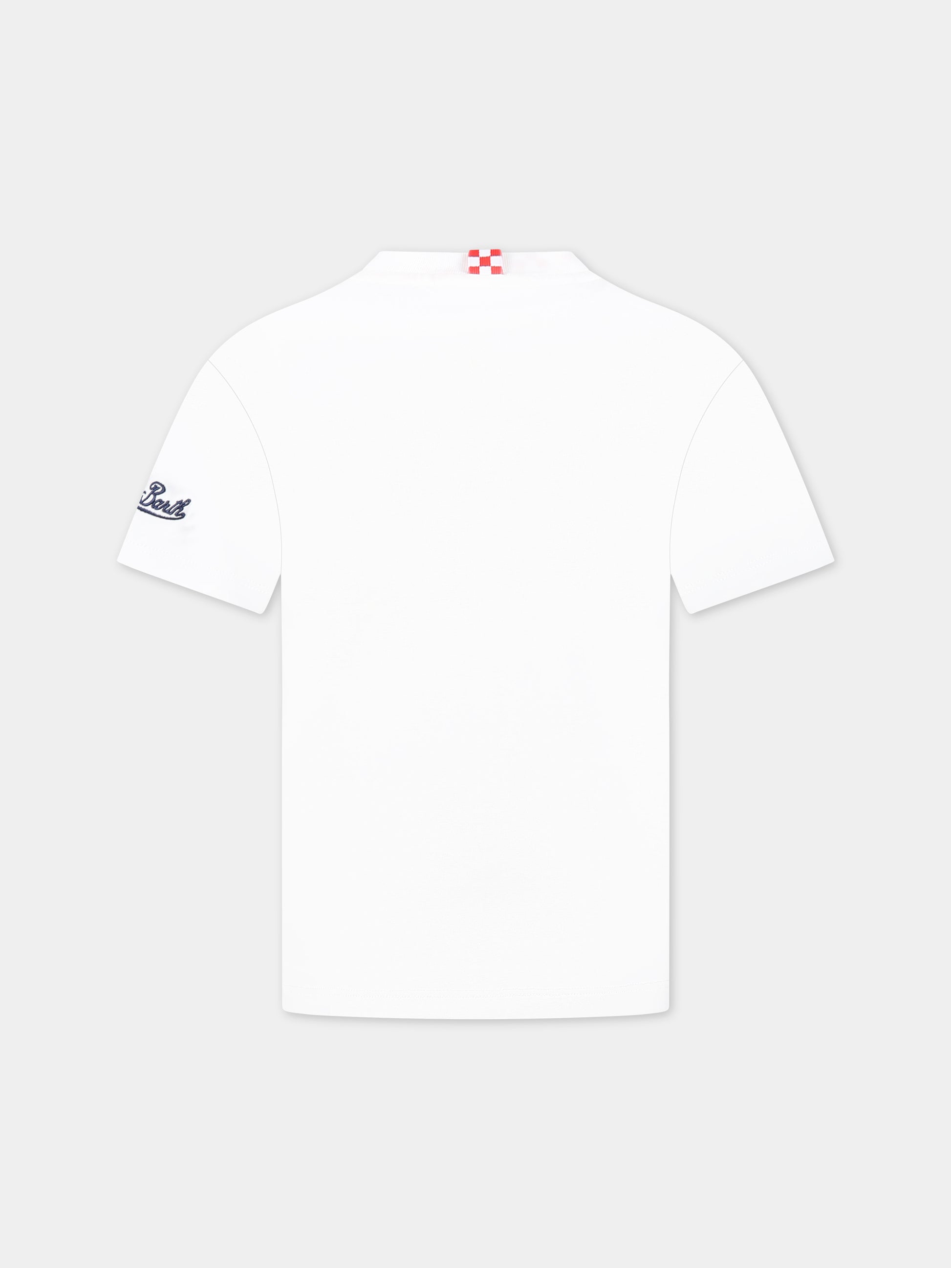 T-shirt bianca per bambino con stampa Puffo, scritta Champion  e logo,Mc2 Saint Barth,TSHIRT BOY SMURF SOCCER 01N