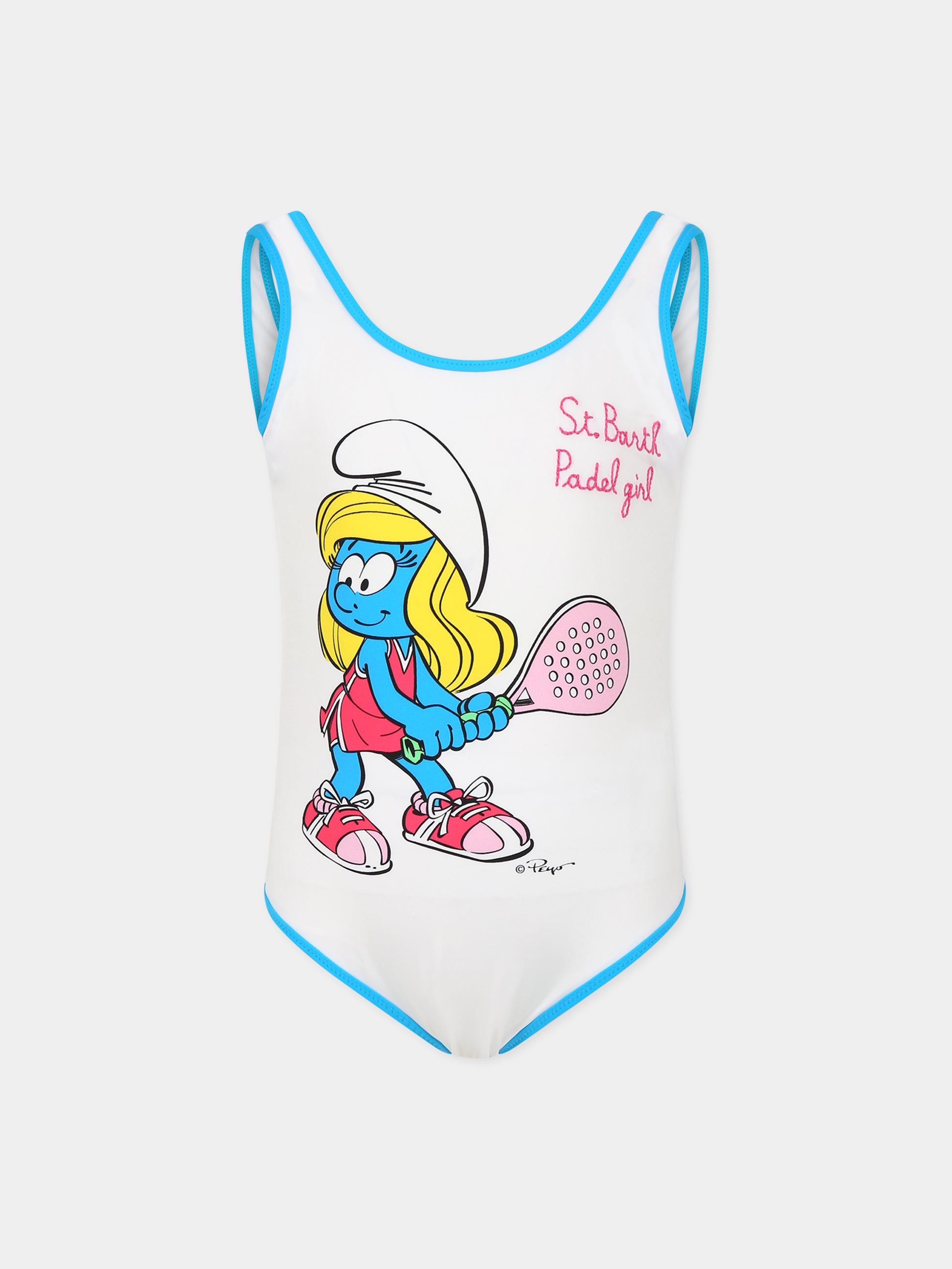 Costume bianco per bambina con Puffetta e logo,Mc2 Saint Barth,CARA STRING SMURFETTE PADEL GIRL 0132 EMB