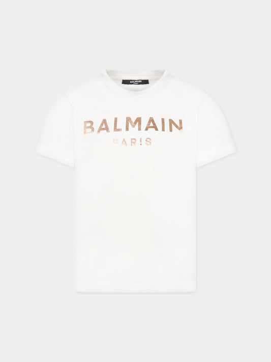 T-shirt bianca per bambina con logo,Balmain Kids,BT8A81 Z0057 102