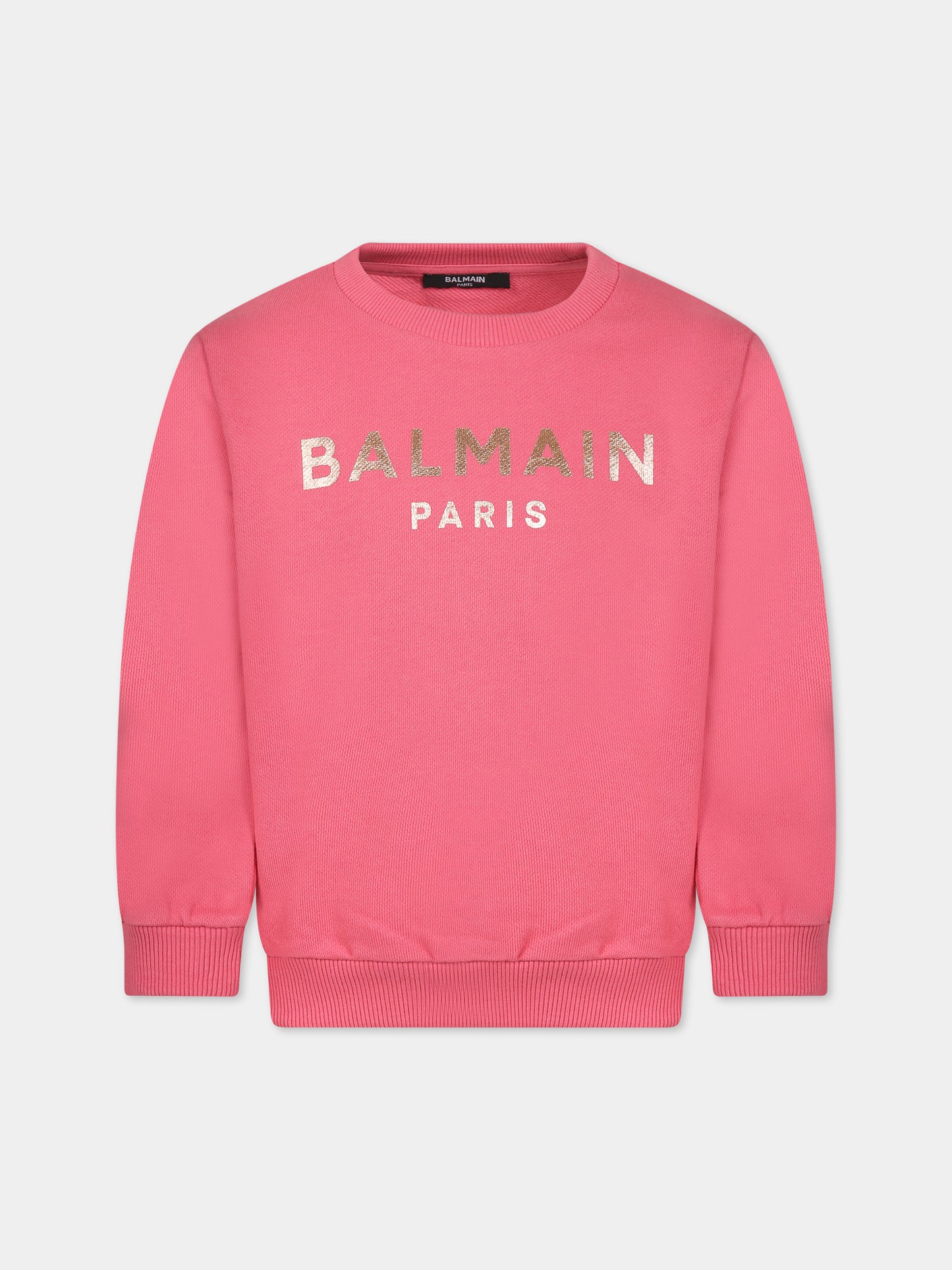 Felpa fucsia con iconico logo metallizzato per bambina,Balmain Kids,BT4A60 Z0001 413