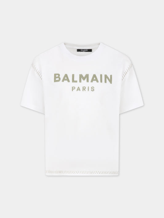 T-shirt bianca per bambini con logo,Balmain Kids,BT8Q11 Z0082 100