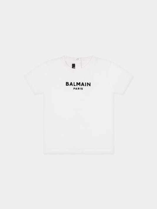 T-shirt bianca per neonati con iconico logo nero,Balmain Kids,BT8571 Z0116 100NE