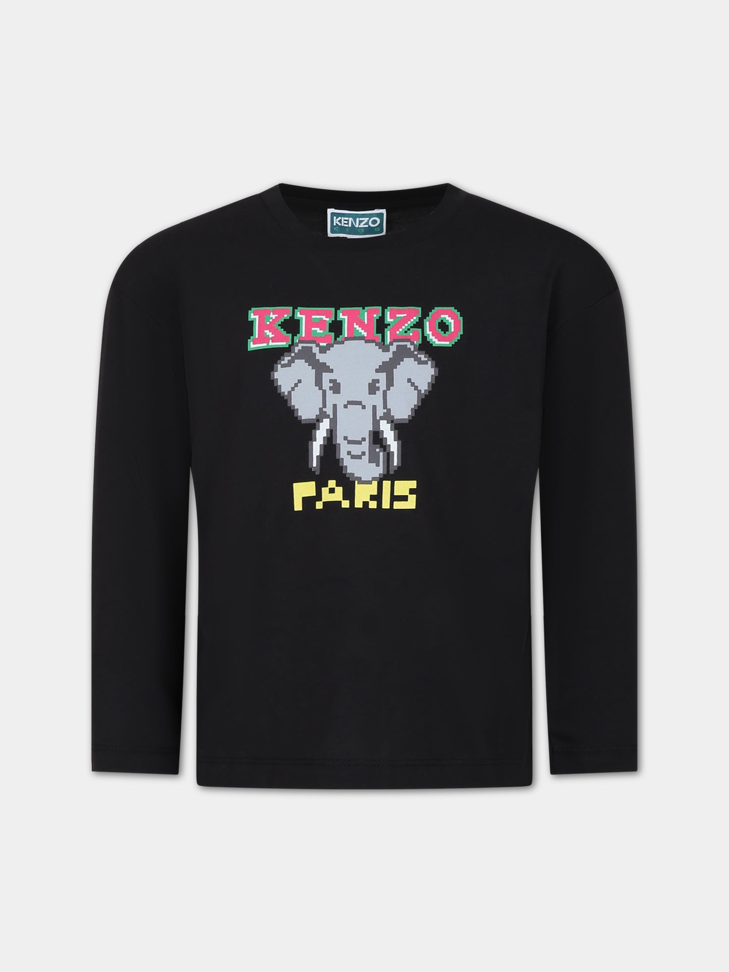 T-shirt nera per bambino con elefante e logo,Kenzo Kids,K15708 095
