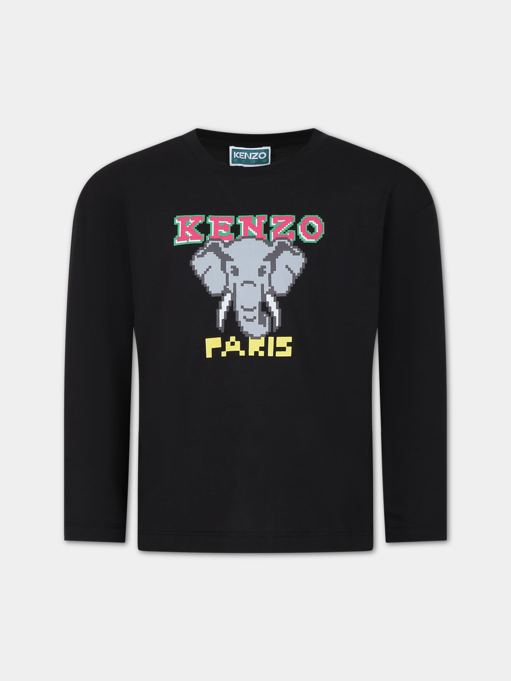 T-shirt nera per bambino con elefante e logo,Kenzo Kids,K15708 095