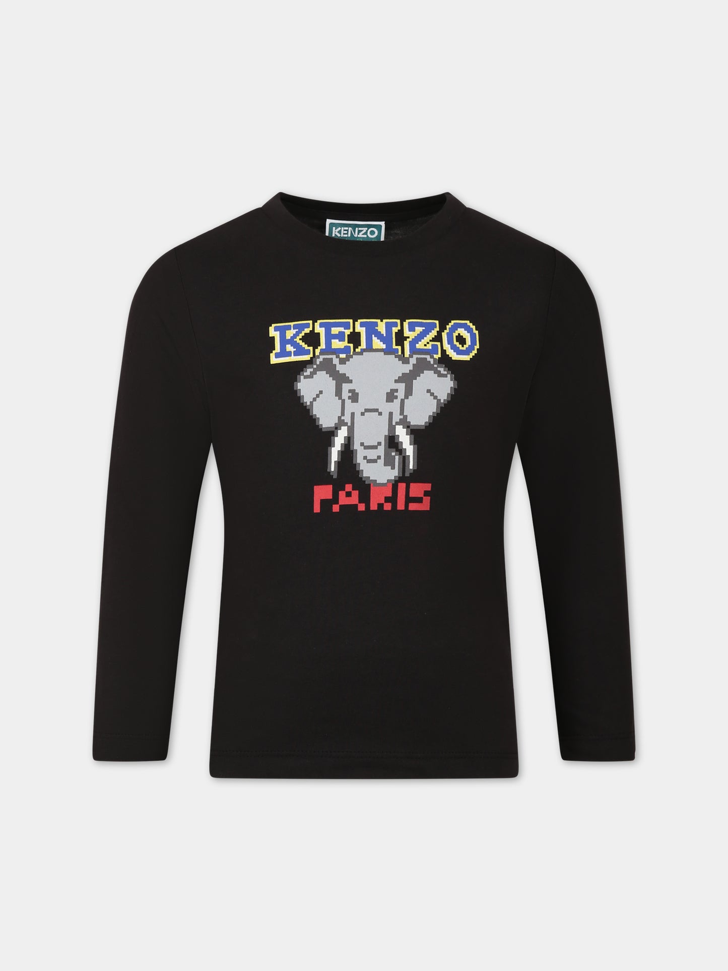 T-shirt nera per bambino con elefante e logo,Kenzo Kids,K25862 095