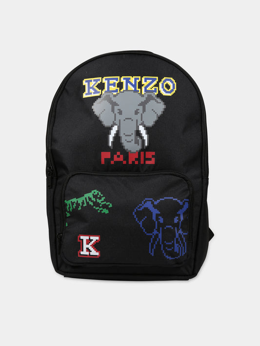 Zaino nero per bambino con elefante e logo,Kenzo Kids,K50044 095