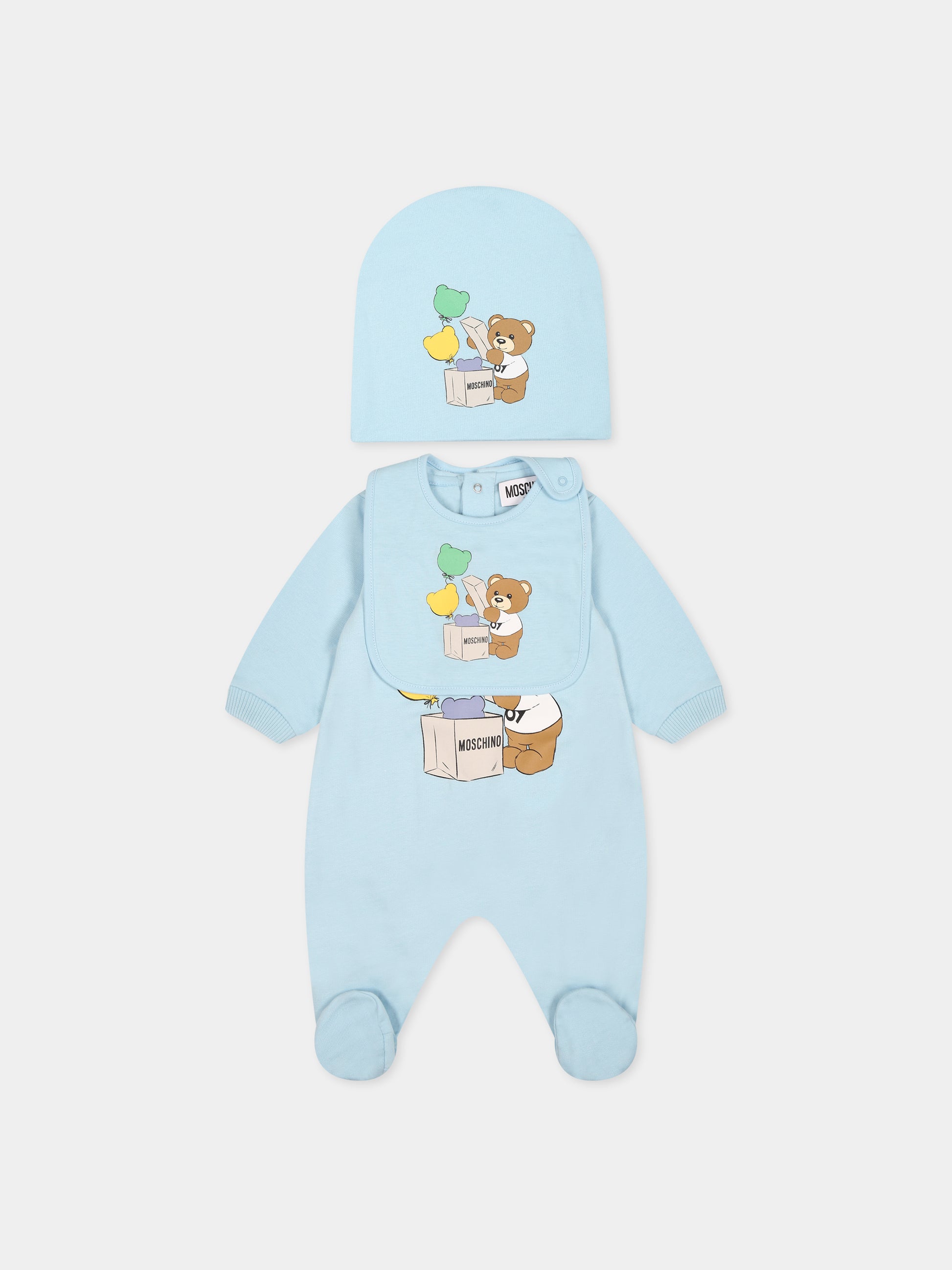 Set celeste per neonato con Teddy bear e stampa,Moschino Kids,MUY05K LCA40 40304