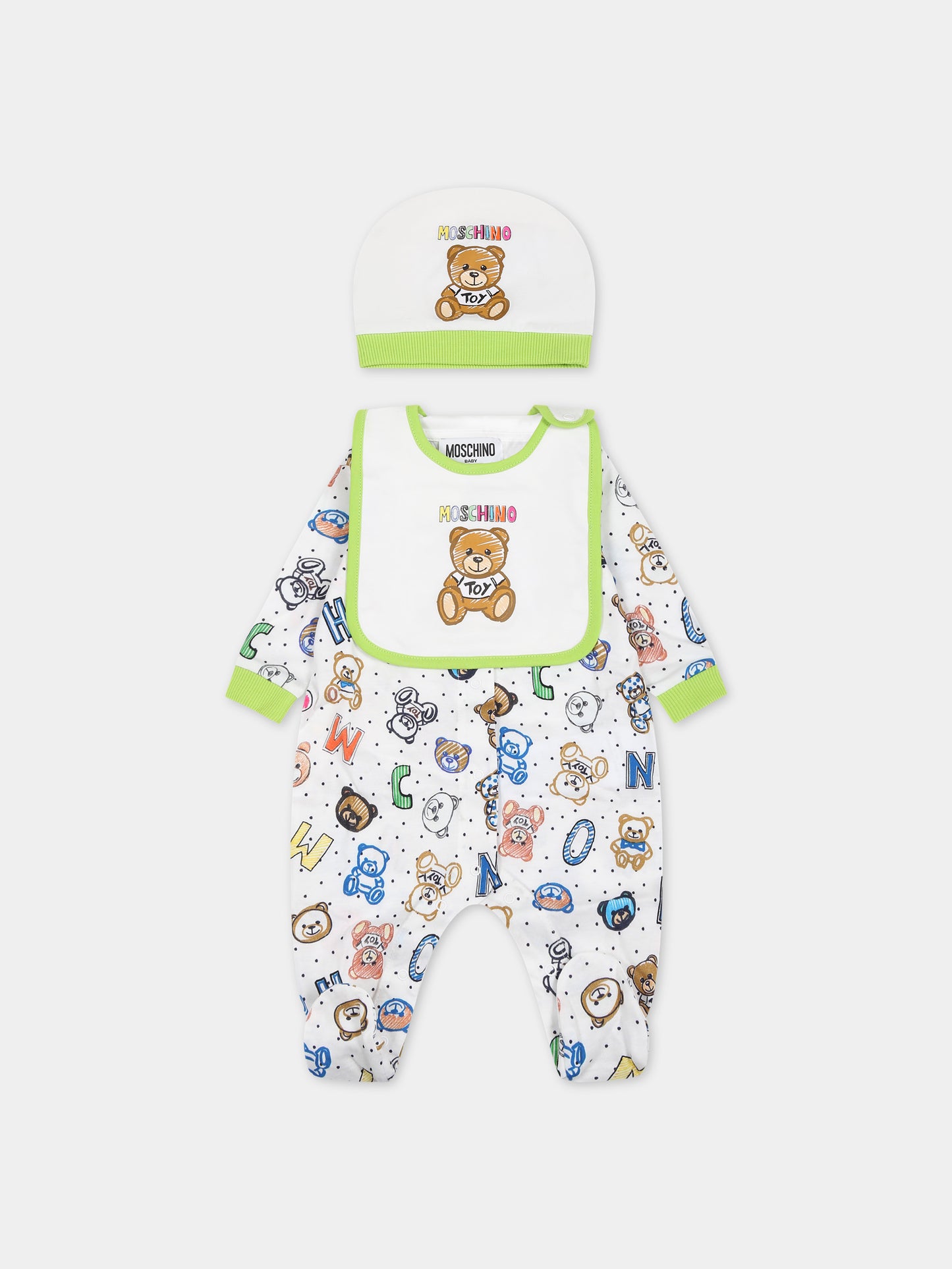 Set bianco per neonati con Teddy Bear e logo,Moschino Kids,MMY04X LAB72 80799