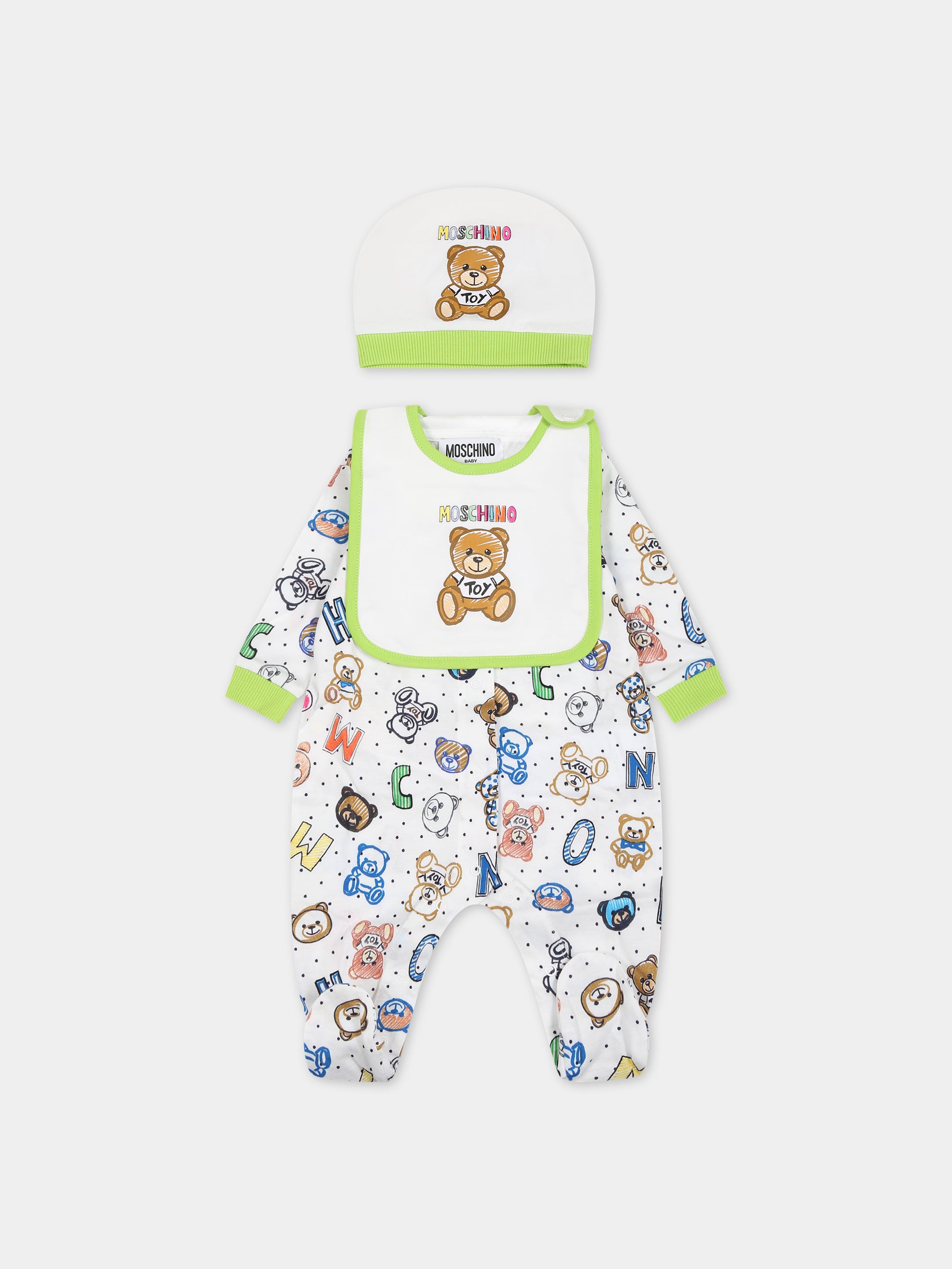 Set bianco per neonati con Teddy Bear e logo,Moschino Kids,MMY04X LAB72 80799
