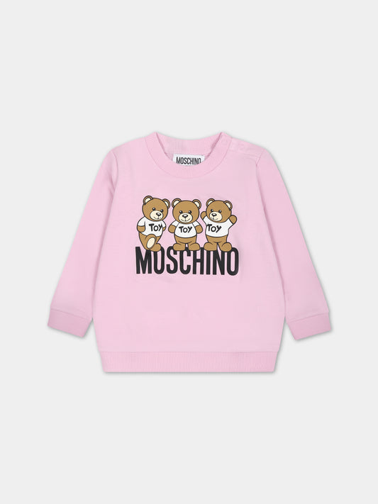 Felpa rosa per neonata con Teddy Bears e logo,Moschino Kids,MSF04Q LCA60 51684