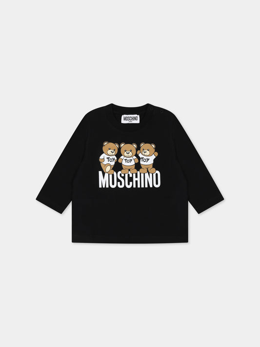 T-shirt nera per neonati con Teddy Bears e logo,Moschino Kids,MZO00D LAA10 60100