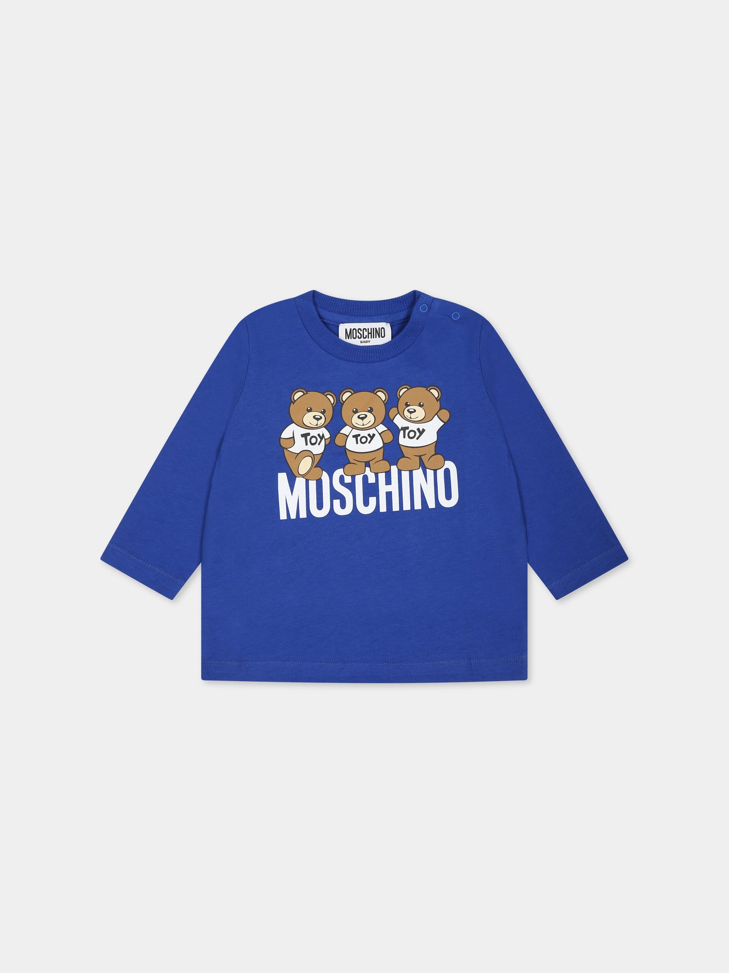 T-shirt azzurra per neonato con Teddy Bears e logo,Moschino Kids,MZO00D LAA10 40457