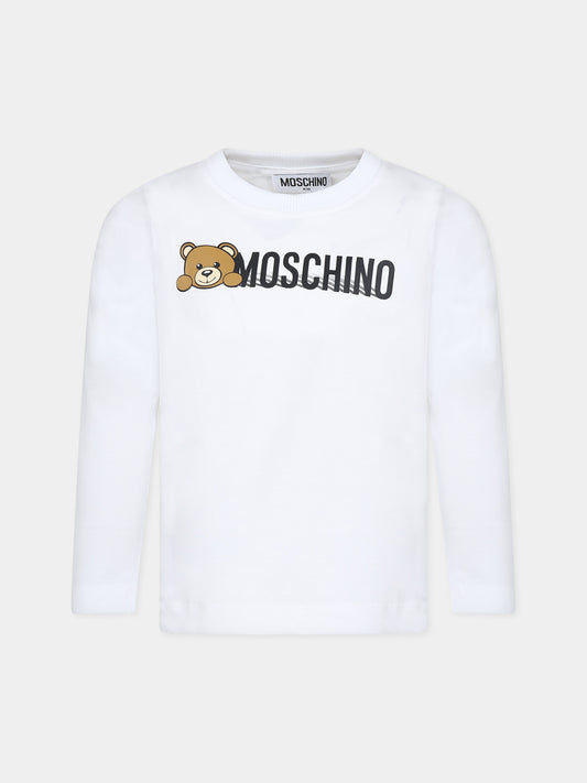 T-shirt bianca per bambini con Teddy Bear e logo,Moschino Kids,HNO00J LAA34 10101