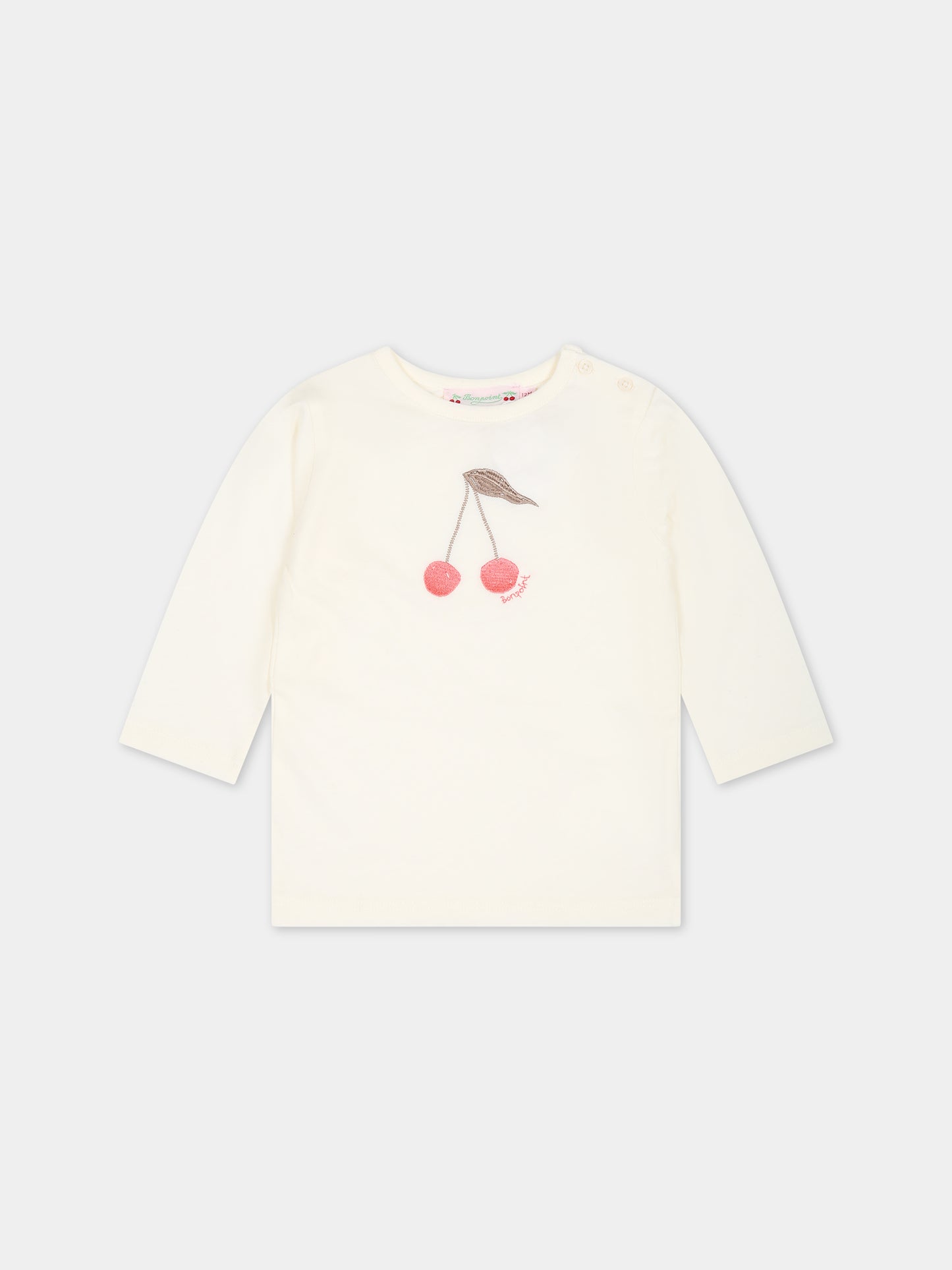 T-shirt avorio per neonata con logo e ciliegie,Bonpoint,W03XTSK00006 103
