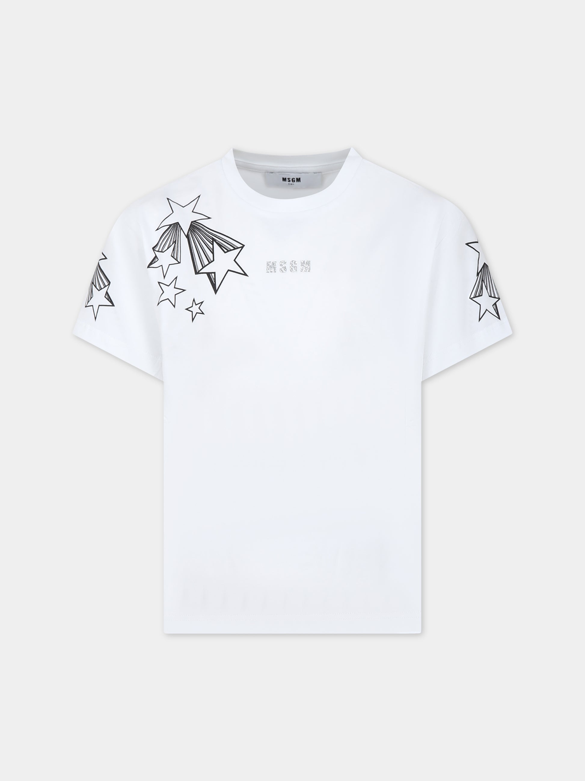 T-shirt bianca per bambina con logo e stelle,Msgm Kids,F3MSJGTH135 001