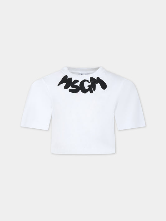T-shirt bianca per bambina con logo,Msgm Kids,F3MSJGTH083 001