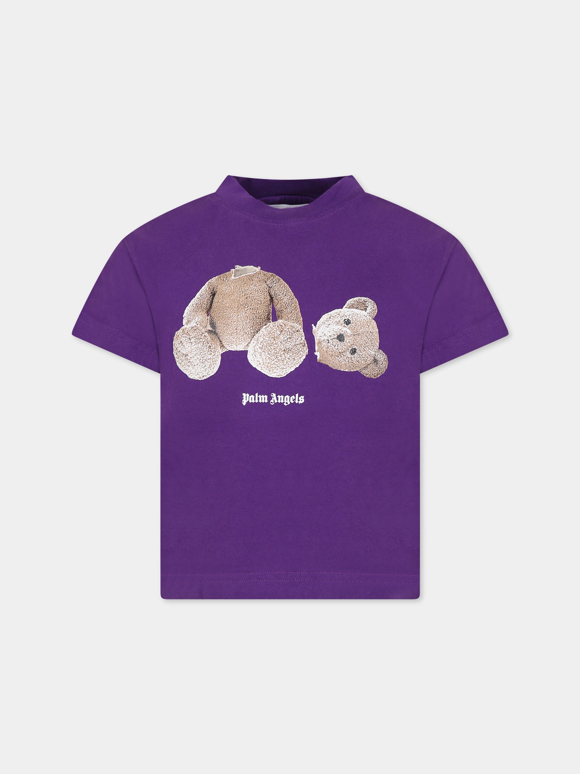 T-shirt viola per bambini con orso e logo,Palm Angels,PBAA003C99JER0013760