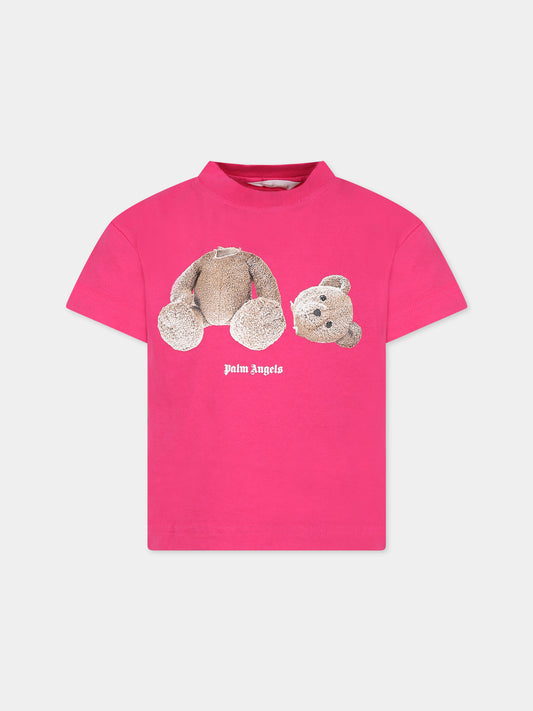 T-shirt fucsia per bambina con orso e logo,Palm Angels,PGAA002C99JER0013260