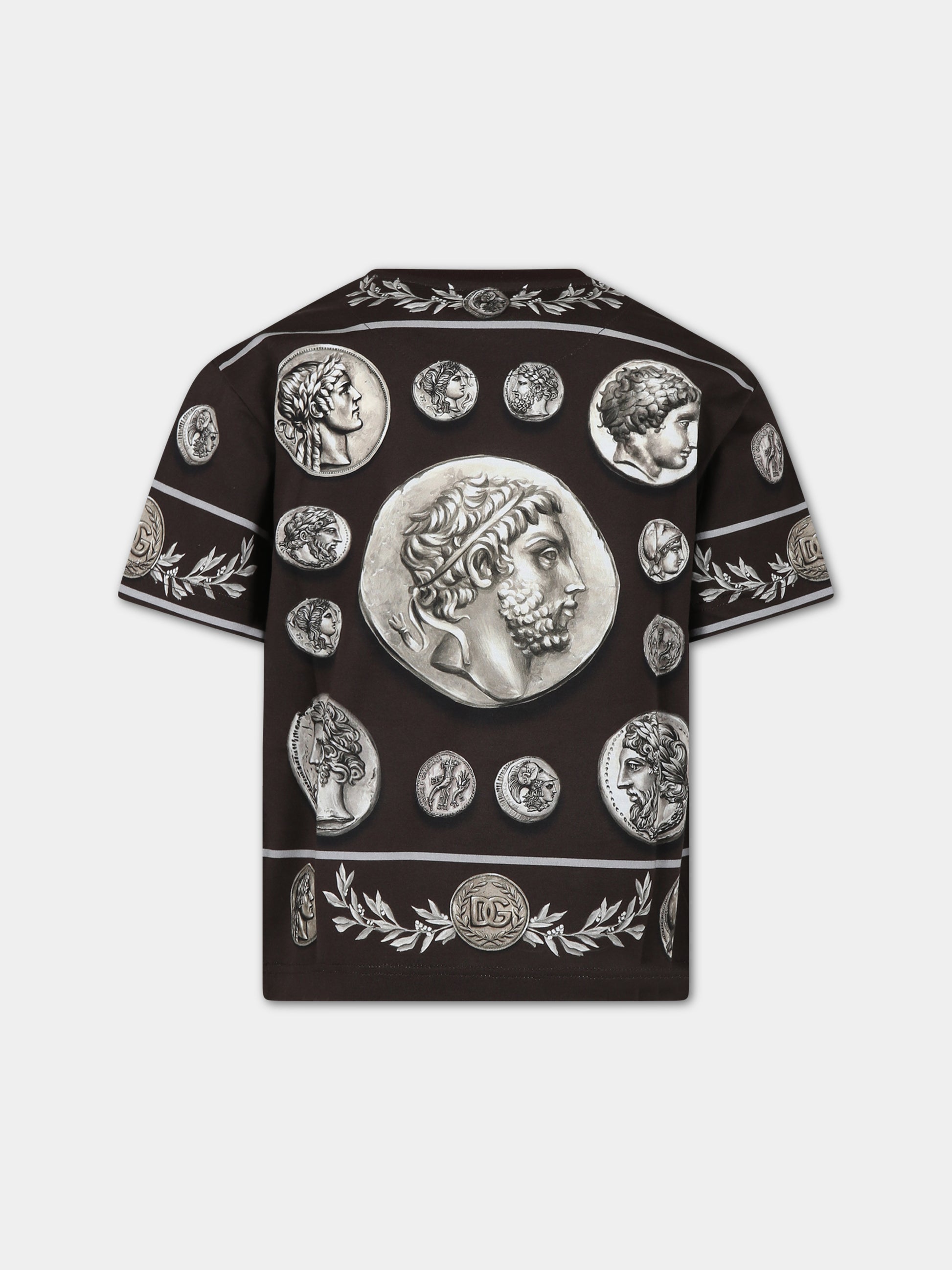 T-shirt marrone per bambino con stampa monete,Dolce & Gabbana Kids,L4JTEY G7J4I HM4RG
