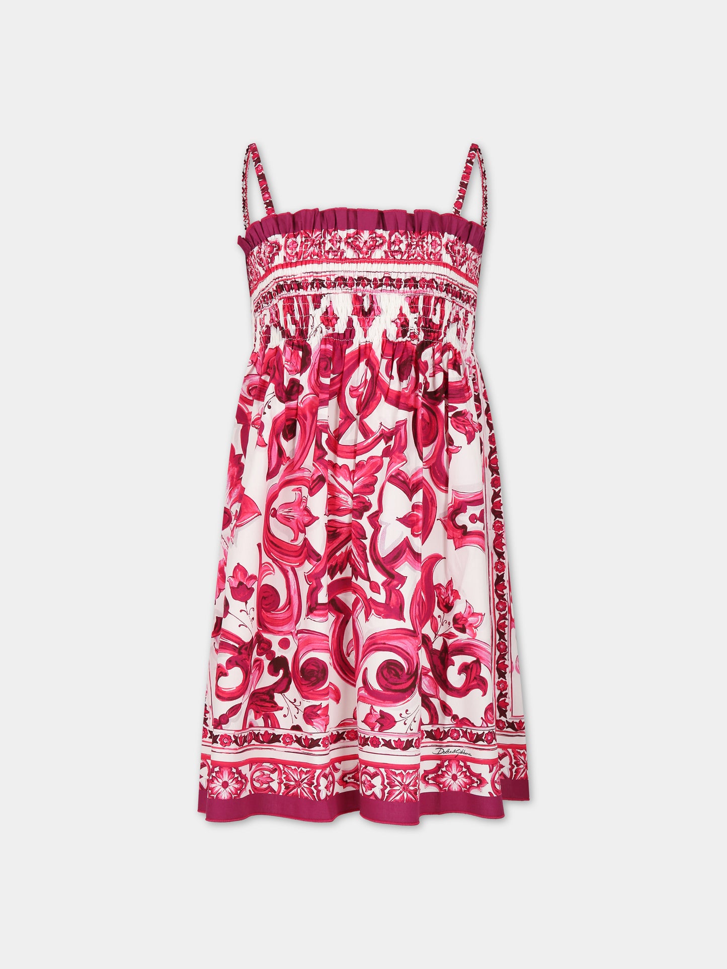 Vestito bianco per bambina con iconiche maioliche e logo,Dolce & Gabbana Kids,L53DM9 G7J6K HE3TN