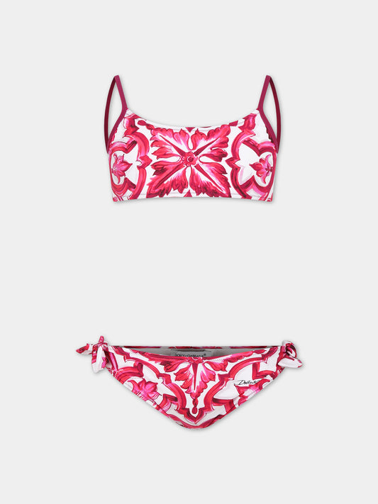 Bikini bianco per bambina con stampa maioliche,Dolce & Gabbana Kids,L5J829 G7J5H HE3TN