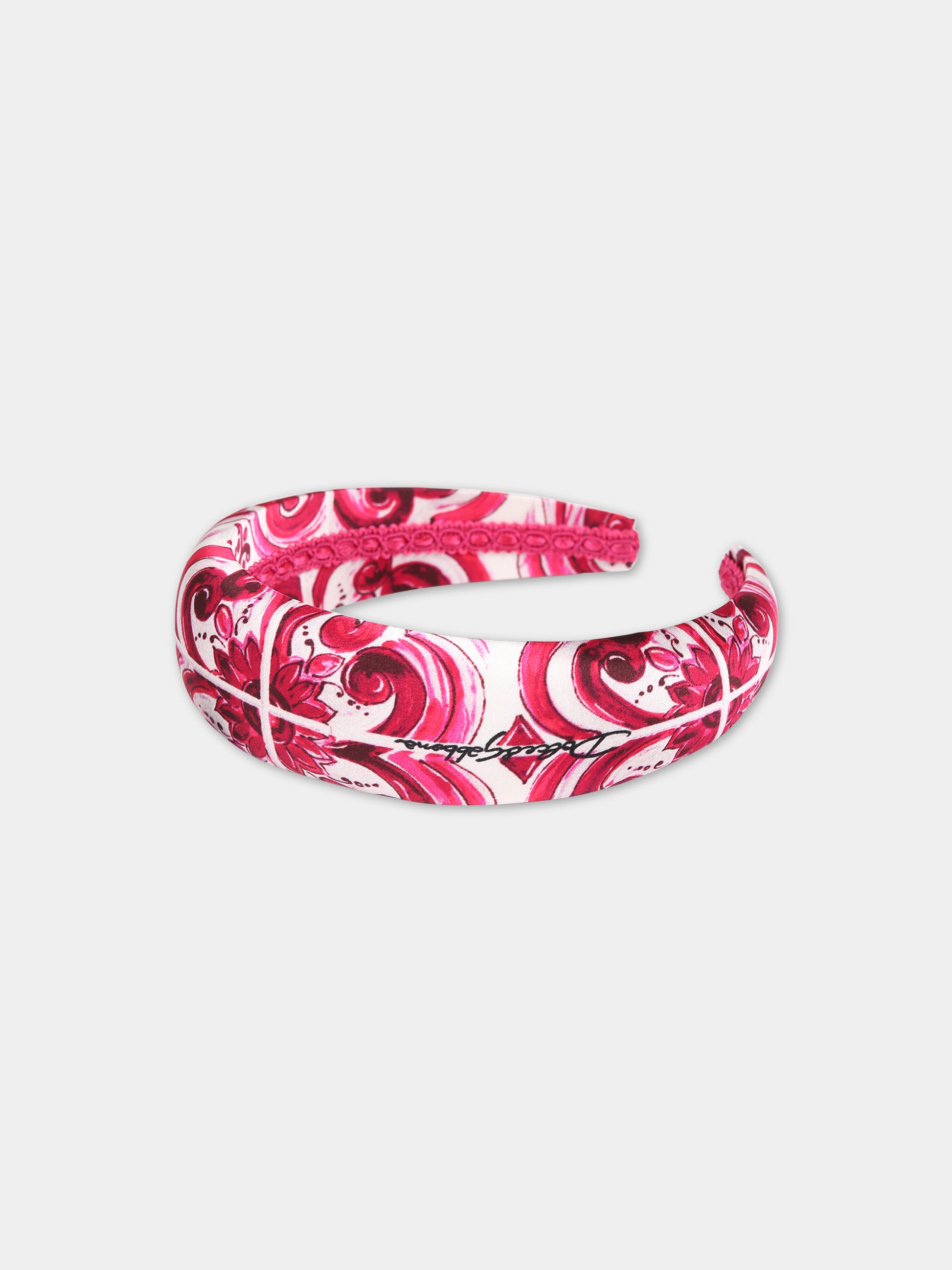 Cerchietto fucsia per bambina con stampa maiolica,Dolce & Gabbana Kids,LB3L54 G7F1C HE3TN