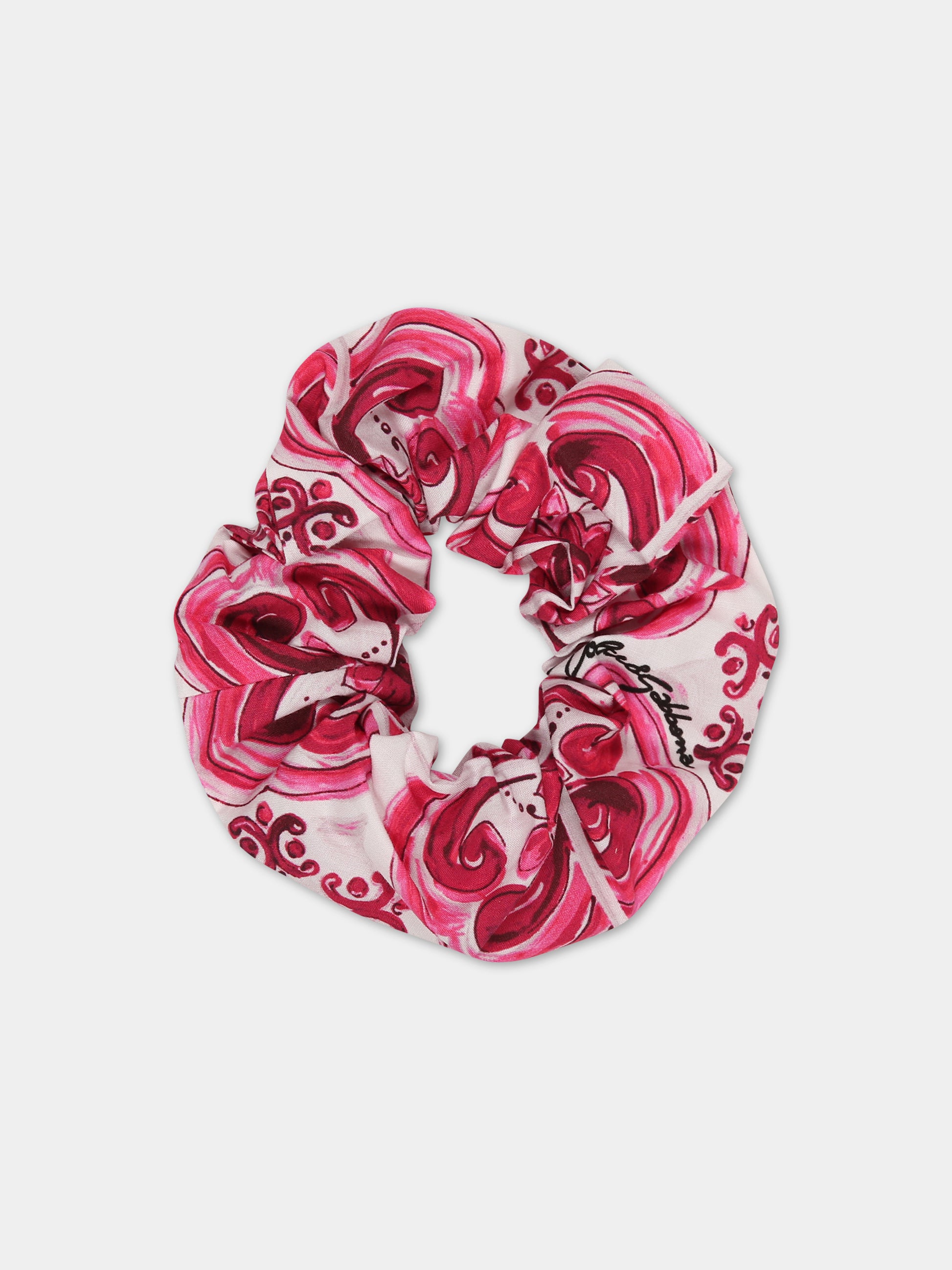 Elastico fucsia per bambina con stampa maioliche e logo,Dolce & Gabbana Kids,LB7A12 G7J8T HE3TN
