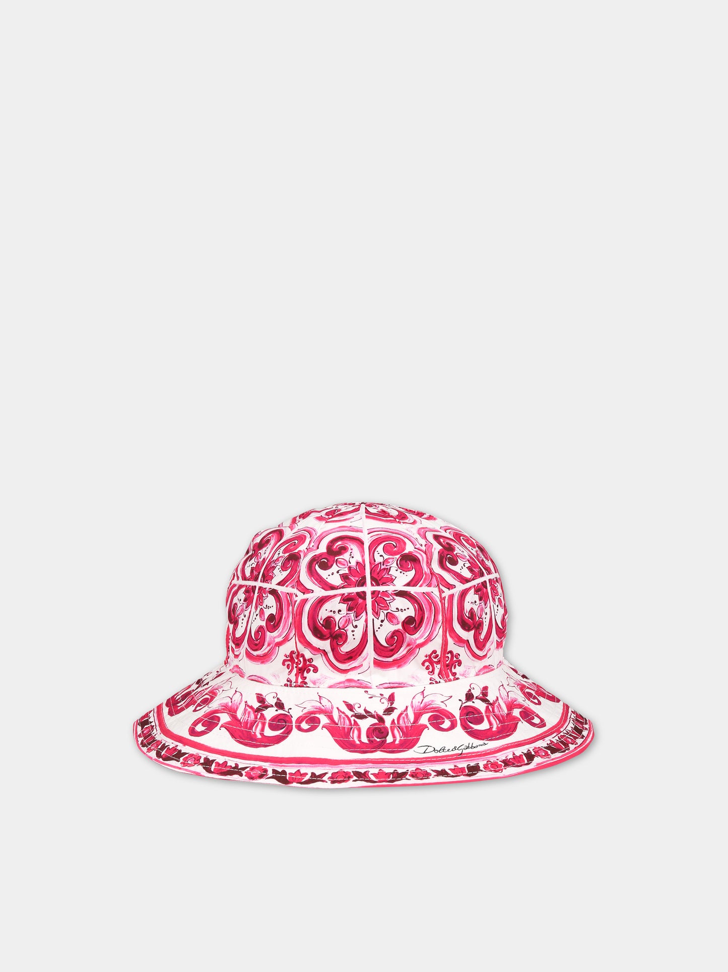Cloche bianca per bambina con iconiche maioliche e logo,Dolce & Gabbana Kids,LB4H48 G7E1J HE3TN