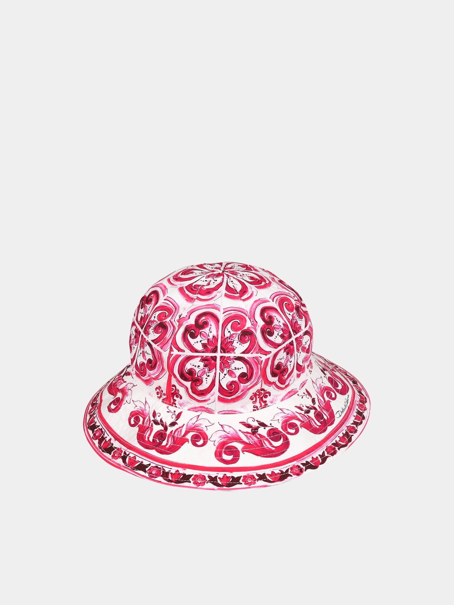 Cloche bianca per bambina con iconiche maioliche e logo,Dolce & Gabbana Kids,LB4H48 G7E1J HE3TN