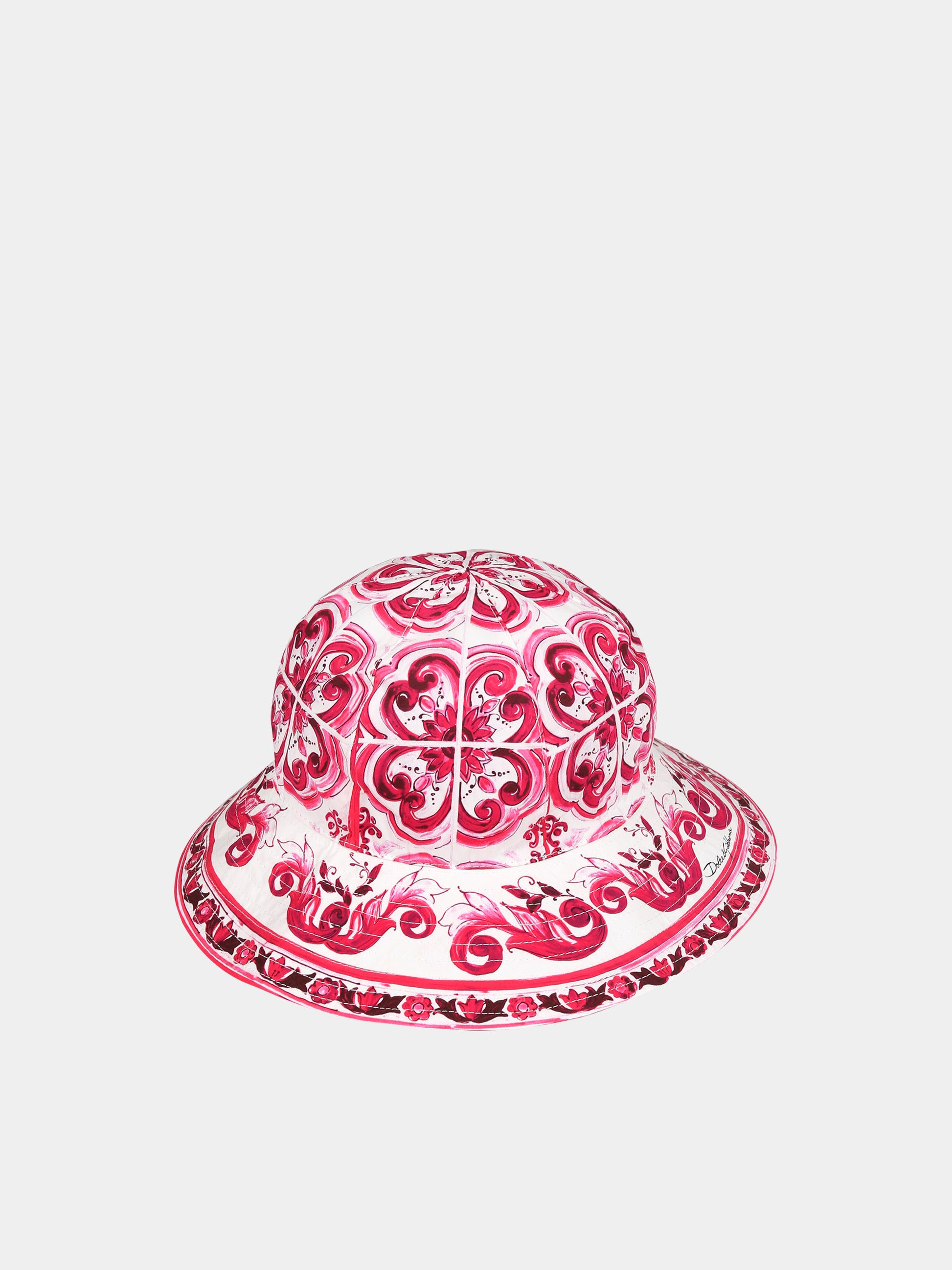 Cloche bianca per bambina con iconiche maioliche e logo,Dolce & Gabbana Kids,LB4H48 G7E1J HE3TN